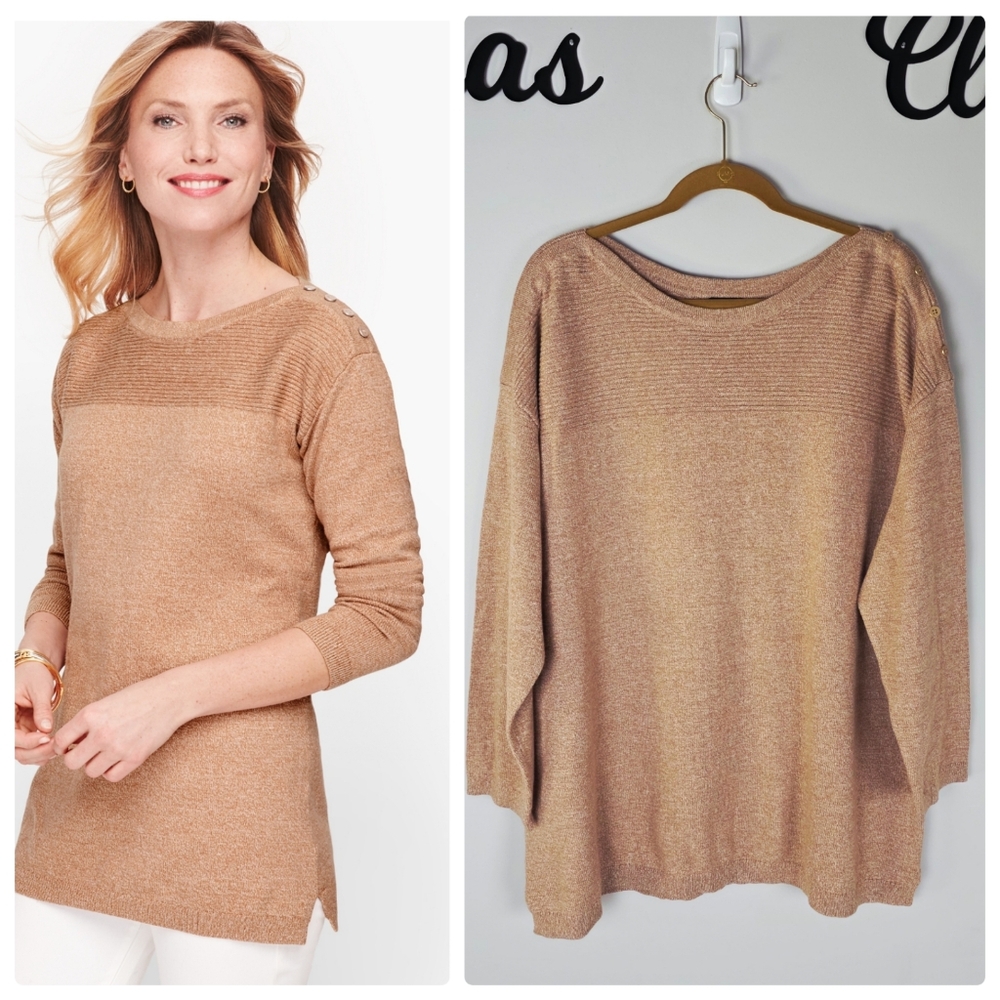 Talbots Contrast Stitch Button Shoulder Tan Sweater Size 2X NWT